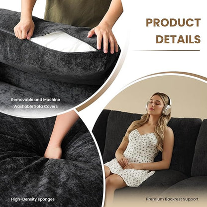 WJShome Sectional Couches for Living Room, 67 Inch Loveseat Sofa with Ottoman, Modern Chenille Fabric & Double Layer Cushions, Modular Couch for Apartment/Bedroom，Black