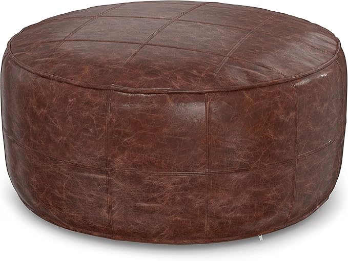SIMPLIHOME Connor Boho Round 34 inch Round Coffee Table Pouf in Distressed Brown Genuine Leather for the Living Room, Bedroom and Kids Room