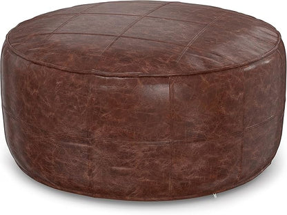 SIMPLIHOME Connor Boho Round 34 inch Round Coffee Table Pouf in Distressed Brown Genuine Leather for the Living Room, Bedroom and Kids Room