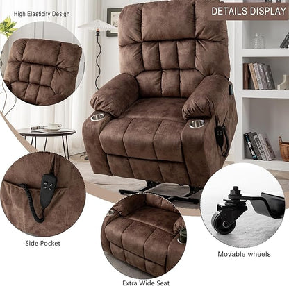 Large Power Lift Recliner Chair with Massage and Heat for Elderly,Overstuffed Wide Recliners,Breathable Leather with 2 Cup Holders,Dual OKIN Motor,Recline up to 180 Degrees
