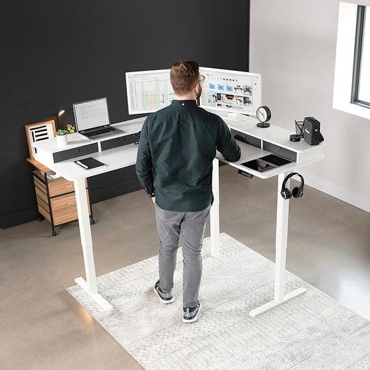 VIVO Electric 2-Tier Corner L-Shaped 63 x 55 inch Standing Desk, Height Adjustable, Memory Controller, White Top White Frame, Dark Gray Drawers, DESK-E3CVW