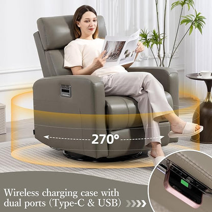 Genuine Leather Power Swivel Recliner Chair, Glider Electric Rocking Chair for Adults. Nursery Rocker Sofa Chair with Adjustable Headrest for Living Room. Wireless Charging/Type-C&USB, Grey