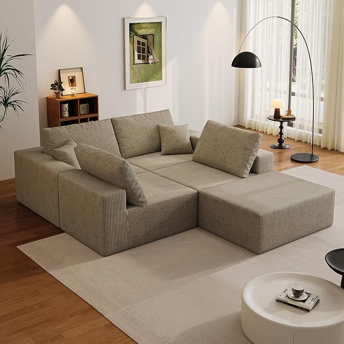 139" Boneless Cloud Sectional Couch for Living Room, Compressed Modular L-Shaped Sofa with Deep Seat, Frameless Corduroy Couch in Boxes, No Assembly Required 4-Seater (Left-Facing Chaise, Grey)