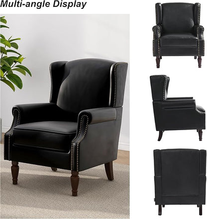 Accent Chair, Upholstered High Back Armchair with Nailhead Trim & Wood Legs, Comfy Wingback Reading Single Sofa Chair for Small Spaces, Living Room, Bedroom (Leather Black, Set of 1)