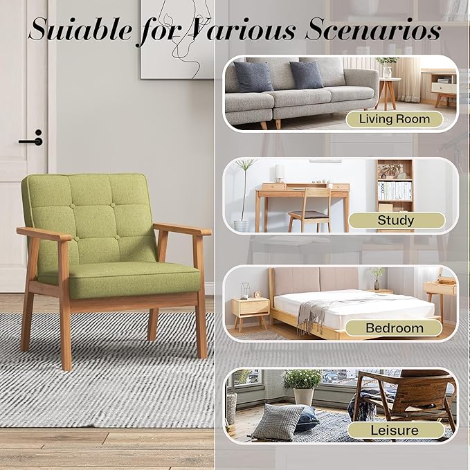 KCC Mid-Century Modern Linen Fabric Accent Chair, Upholstered Tufted Leisure Chair Comfy Reading Side Chair with Armrest and Solid Wood Frame for Living Room Bedroom Balcony(Green)