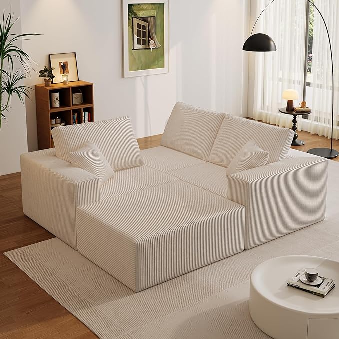 110" Boneless Cloud Sectional Couch for Living Room, Compressed Modular L-Shaped Sofa with Deep Seat, Frameless Corduroy Couch in Boxes, No Assembly Required 3-Seater (Left-Facing Chaise, Beige)