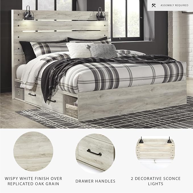 Signature Design by Ashley Cambeck Farmhouse King Panel Platform Bed with 2 Storage Drawers, Cubbies, Sconce Lights and USB Ports, Foundation or Box Spring Not Needed, Whitewash