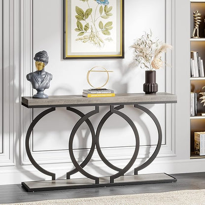 LITTLE TREE 55 inch Faux Marble Gold Console Table Modern Entryway Table Narrow Long Sofa Table Accent Table for Living Room, Grey + Black