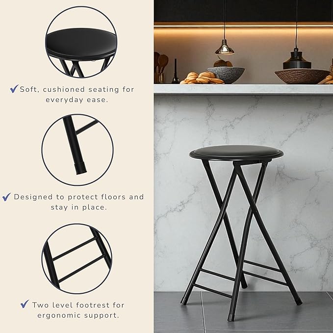 Lavish Home Set of 4 Counter Height Bar Stools – 24-Inch Backless Folding Chairs with 225lb Capacity for Kitchen, Rec Room, or Game Room (Black)