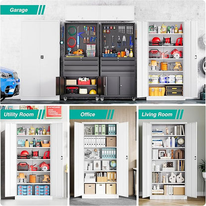SISESOL Wide & Deep Metal Storage Storage Cabinet with 5 Adjustable Shelves,White Metal Cabinet with Lock,Steel Pantry Cabinets,72" Lockable Cabinets for Home,Office,Garage,Kitchen,Shop