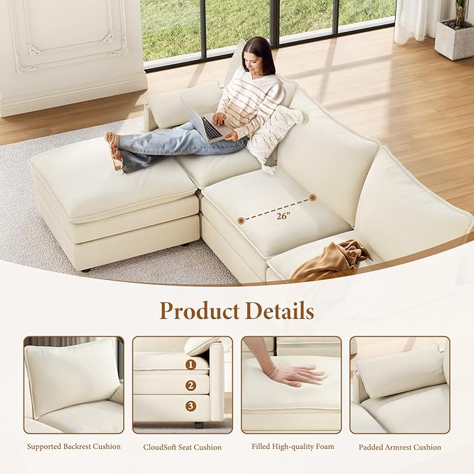 Vesgantti 74" Loveseat Cloud Couch with Ottoman, Comfy Sofa Deep Seat Chenille Modern 2 Seater with Armrest Pillow, Easy Assembly Small Loveseat Sets Couches for Living Room, Apartment, Beige