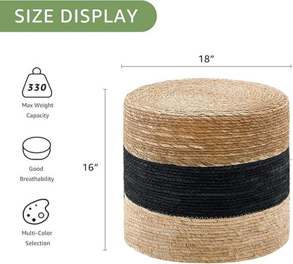 Wimarsbon 18'' Ottoman Pouf, Natural Braided Poof, Rustic Handweave Lounge Pouffe, Boho Footrest Stool for Bedroom, Accent Table for Living Room (18inch Natural Cattail + Black Corn Husk)