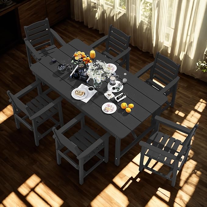7 Piece Patio Dining Set with 11ft Patio Umbrella (Dark Green), 7 Black Outdoor HDPE Dining Set with 6 Chairs + 1 Large Table, for Market, Pool, Garden, Backyard, Deck