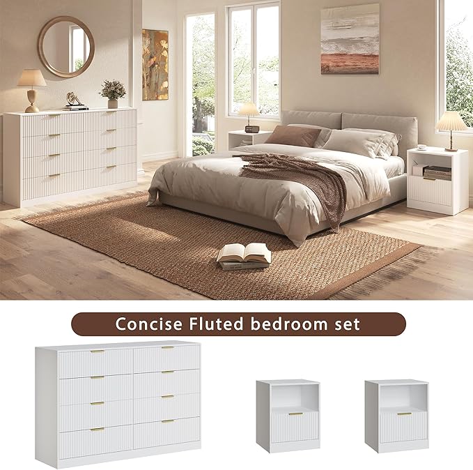 3-Piece Modern Bedroom Furniture Set, Wide 8-Drawer Dresser & 1-Drawer Nightstands Set of 2, Natural Wood Dresser and Nightstand Sets for Bedroom, Hallway, White