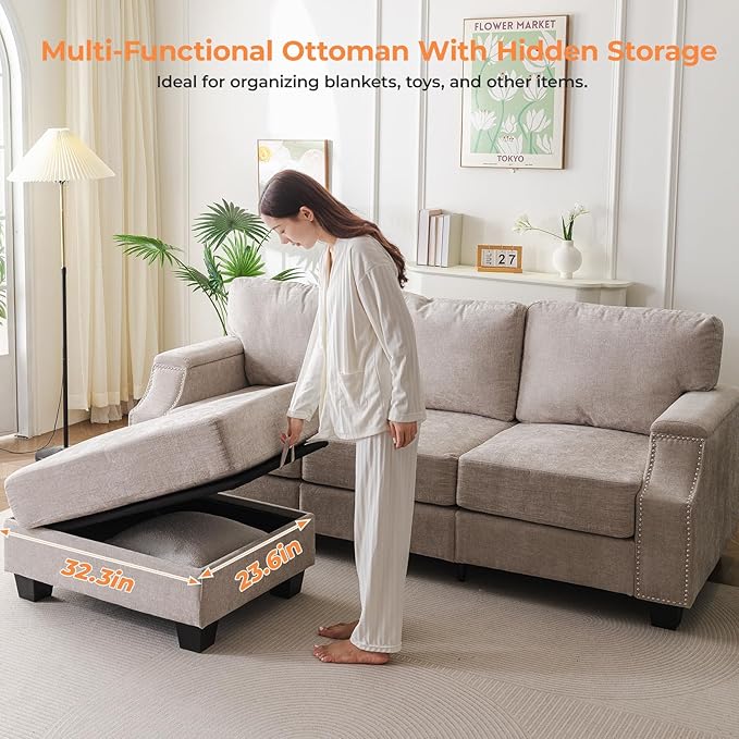 85'' L Shaped Couch with Armrest Organizer,3 Seats Sofas with Storage Ottoman,Comfy Sectional Sofa with Thick Cushion,Chenille Sectional Couches for Living Room,Bedroom,Apartment,Khaki