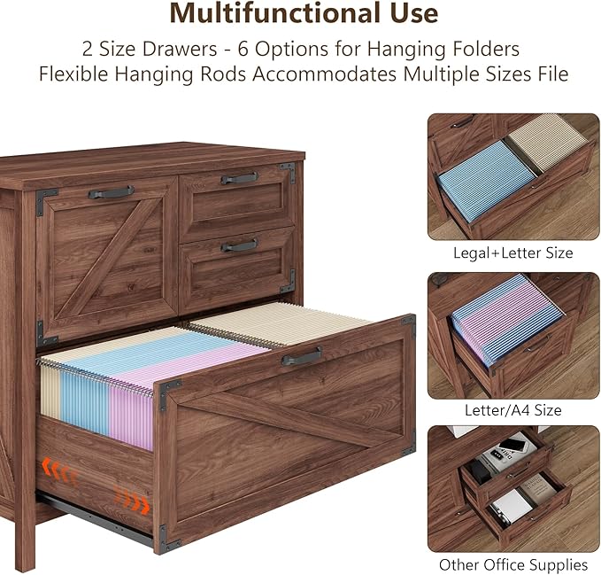 Lateral File Cabinet with 4 Drawers, Farmhouse File Cabinet for Letter/Legal/A4 Size Hanging Files, Large Wood File Storage Cabinets Printer Stand for Home Office Cabinets, Rustic Brown