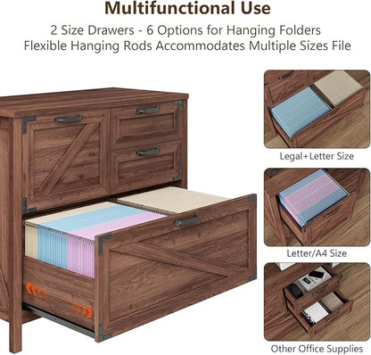 Lateral File Cabinet with 4 Drawers, Farmhouse File Cabinet for Letter/Legal/A4 Size Hanging Files, Large Wood File Storage Cabinets Printer Stand for Home Office Cabinets, Rustic Brown