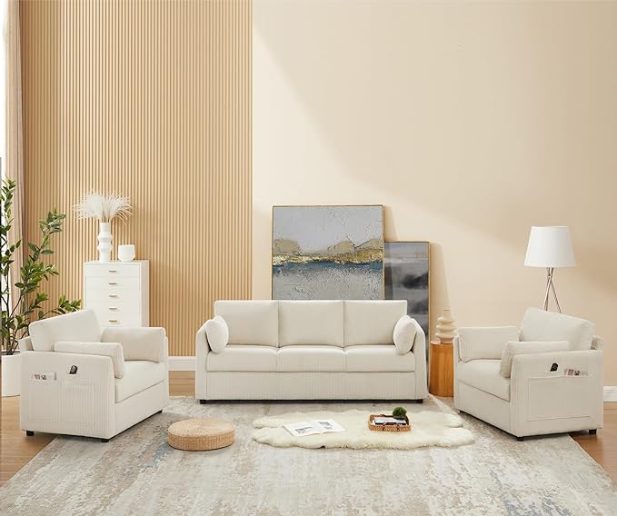 Modern Corduroy Accent Chairs, 38" W Comfy Armchair with Soft Pillows and Side Pockets, Single Reading Chairs for Living Room, Bedroom, Apartment, Beige