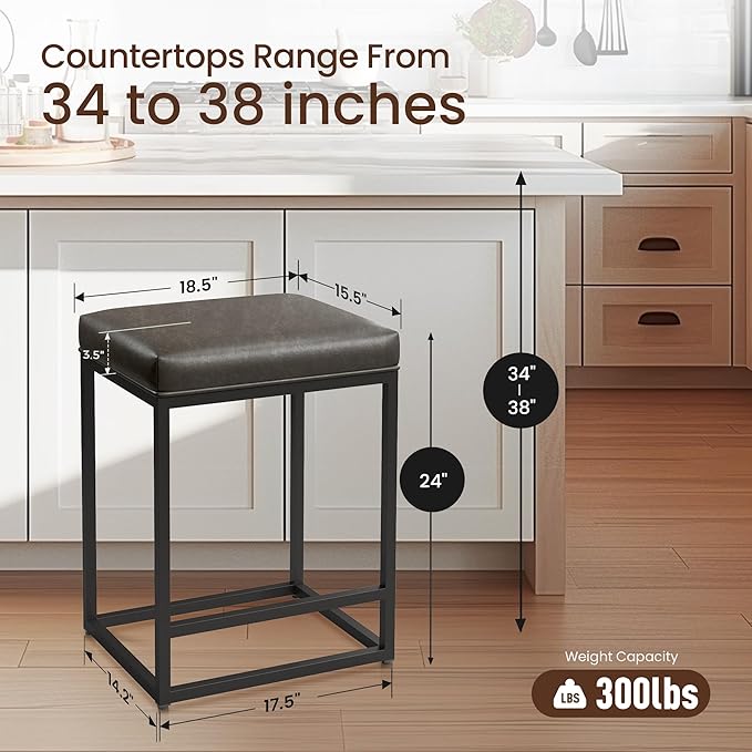 ALPHA HOME 24 Inch Counter Height Bar Stools, Upholstered Bar Stools for Kitchen Island, Counter Stools with Faux Leather Cushion and Sturdy Metal Frame, Modern Barstools, Grey