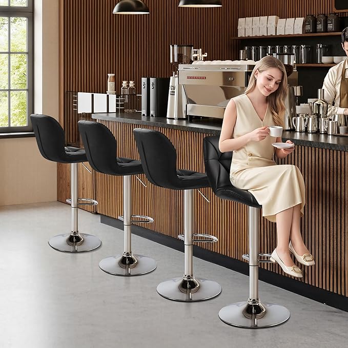 Yaheetech Bar Stools Set of 4, Adjustable PU Leather Swivel Barstools, Modern Counter Stools with Back and Footrest, Counter Height Barstools for Bar, Kitchen, Dining Room, Black