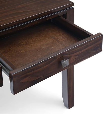 SIMPLIHOME Cosmopolitan Console Table - 60 Inch Wide Solid Wood Sofa Table in Mahogany Brown, Contemporary Storage Table for Entryway or Living Room with 3 Drawers, Square-Edged Top, and Tapered Legs