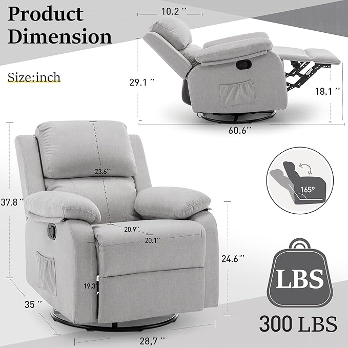 Recliner Chair, 360 Swivel Rocker Chair for Adults, Small Rocking Recliner Chair for Small Spaces, Upholstered Fabric Glider Recliner Nursery with Side Pockets for Nursery, Living Room