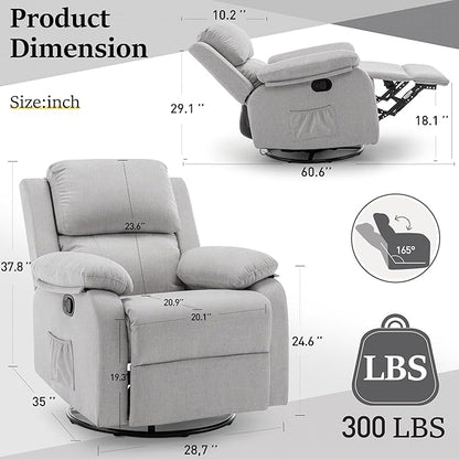 Recliner Chair, 360 Swivel Rocker Chair for Adults, Small Rocking Recliner Chair for Small Spaces, Upholstered Fabric Glider Recliner Nursery with Side Pockets for Nursery, Living Room