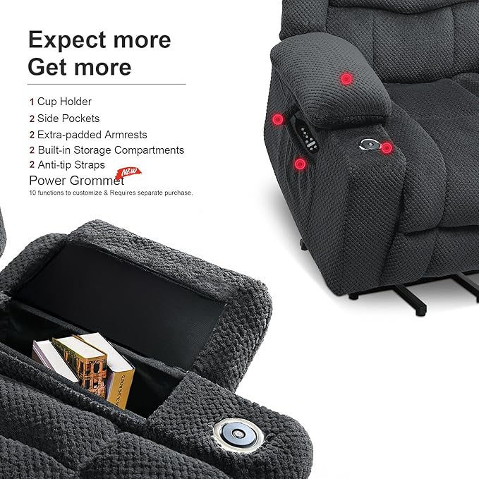 Power Lift Recliner Chair for Living Room Elderly with Massage Recliners Footrest Cup Holder Oversized Electric Heated Reclining Single Sofa Chairs Storage (Grey)