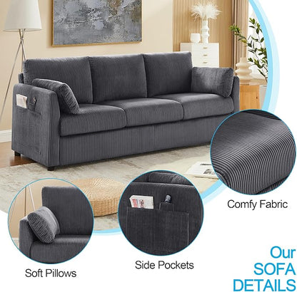 79" L Shaped Couch with Storage Ottoman, 3 Seater Corduroy Sofa with 2 Pillows and Storage Pockets, Small Modern Couches for Living Room, Apartment, Small Spaces, Home Office, Grey