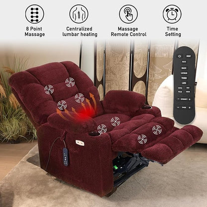 EONIX Dual Motor Lay Flat Power Lift Recliner Chair for Elderly, Electric Recliner Lift Chairs for Adults with Cup Holders, 400lbs Heavy Duty Power Recliner Sofa with Heat and Massage, Burgundy