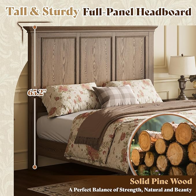 AMERLIFE Solid Wood King Bed Frame with 65.2" High Headboard, Traditional Platform Bed with Heavy Duty Slats, No Box Spring Needed, Easy Assembly, Light Brown