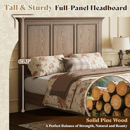 AMERLIFE Solid Wood Queen Bed Frame with 65.2" High Headboard, Traditional Platform Bed with Heavy Duty Slats, No Box Spring Needed, Easy Assembly, Light Brown