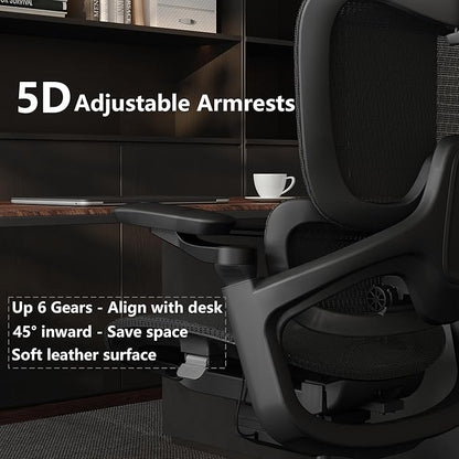 Ergonomic Office Chair, Big and Tall Mesh Computer Gaming Chair with Headrest, Work Chair with Adaptive Lumbar Support, 5D Armrest,90-130°Tilt, Model Zen (All Black)