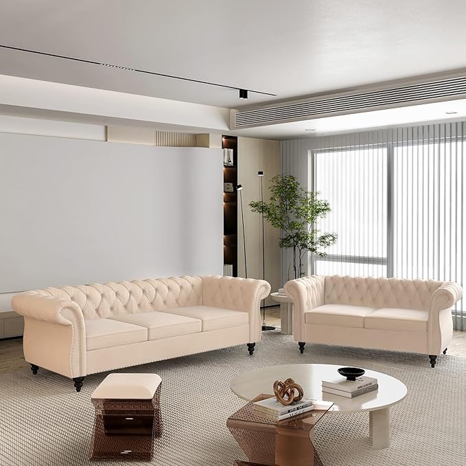 Chesterfield Loveseat Sofa, Modern Velvet Small Sofa Couch 2 Seater with Rolled Arms and Nailhead, Mid Century Modern Loveseat Couch for Small Spaces Living Room Bedroom Apartment, Beige