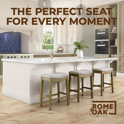 ROME + OAK Set of 3 Parker 26" Counter Stool, Backless Saddle Kitchen Barstool in Natural Wood Finish with Wheat Cream Fabric Upholstery Cushion Seat