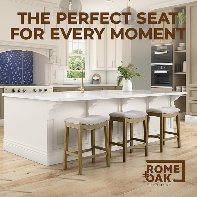 ROME + OAK Set of 4 Parker 26" Counter Stool, Backless Saddle Kitchen Barstool in Natural Wood Finish with Wheat Cream Fabric Upholstery Cushion Seat