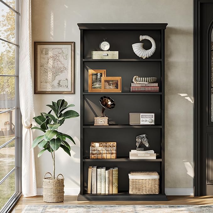 Tribesigns 71-Inch Tall Bookcase, 5-Tier Industrial Metal Bookshelf, Large Etagere Bookcases and Bookshelves, Freestanding Display Shelves for Living Room, Bedroom, Black (Set of 2)