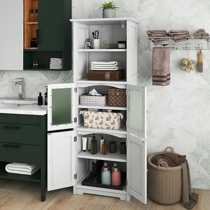 LOKO Tall Bathroom Cabinet, Modern Storage Organizer with Doors & Open Shelves, Wooden Floor Cabinet with Adjustable Shelves for Bathroom, Living Room or Kitchen (White)