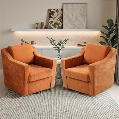 Pia Ricco Set of 2 Oversized Modern Striped Fabric Swivel Accent Chairs with Removable Covers, Living Room Reception Set