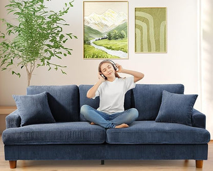 Kidirect 87in Corduroy Couch, Sofa No Tool Assembly, Comfy Couches for Living Room 21in Deeper Seats, Corduroy Sofas for Living Room with 2 Pillows, Oversized Loveseat Sofa, Boho Love Seat Blue Couch