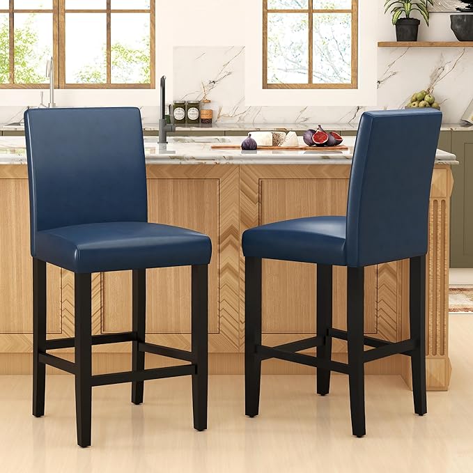 LSSPAID Counter Height Bar Stools Set of 2, 24.8 Inch Upholstered PU Leather Barstools, Modern Kitchen Island Chairs with Backrest and Solid Wood Legs, Navy Blue