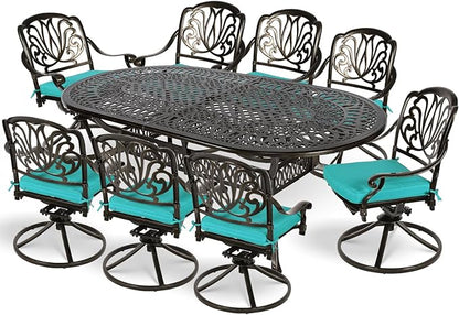 MEETWARM 9-Piece Outdoor Patio Dining Set, All-Weather Cast Aluminum Patio Conversation Set for Backyard Garden Deck with 8 Cushioned Swivel Rocker Chairs, 1 Oval Table, 2" Umbrella Hole, Ocean Blue