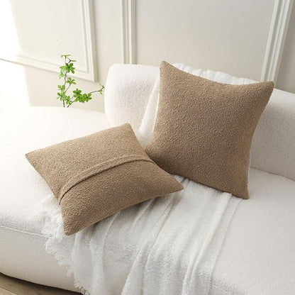 FUTEI Pack of 2 Khaki Decorative Throw Pillow Covers 26x26 Inch Soft Cozy Solid Boucle Textured Euro Pillow Shams,Modern Home Decor for Couch Bed Living Room