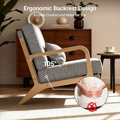 Claiks Mid-Century Modern Accent Chair, Living Room Armchair with Solid Wood Frame & Lumbar Pillow, Comfy Upholstered Lounge Chair for Bedroom, Office, Linen-Like Fabric, Dark Gray
