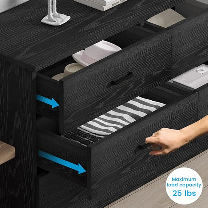 Bigbiglife Wood Dresser for Bedroom, 6 Drawer Double Dresser, Modern Chest of Drawers with Deep Drawers, Large Storage Organizer for Living Room, Closet (Black)