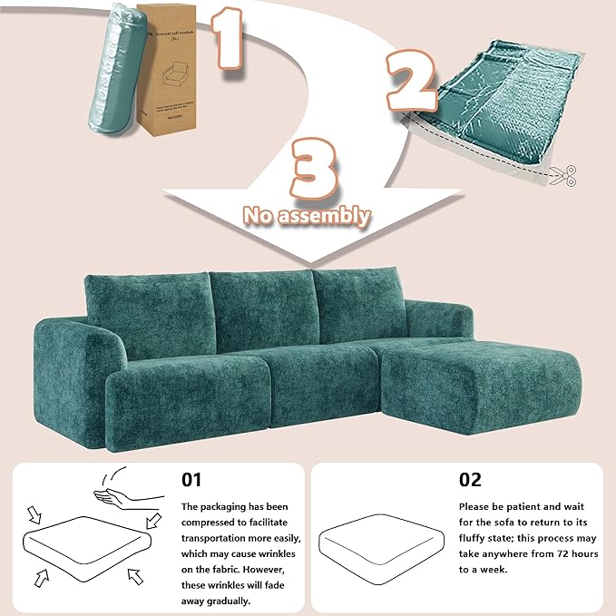 EASE MOOSE Boneless Couch for Living Room, Sectional Cloud Sofa, Modular Cloud Couch Loveseat, 2-Seater Deep Seat Sofas with Pillow for Bedroom, Apartment, No Assembly Required, Chenille (Blue)