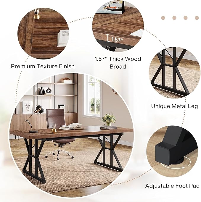 Tribesigns 70.86-Inch Large Executive Desk, Industrial Home Office Computer Desk, Simple Long Writing Study Table Business Furniture (Brown/Black)