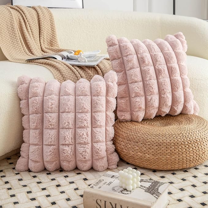Neelvin Pink Faux Fur Cozy Soft Plaid Decorative Throw Pillow Covers 26x26 inch Set of 2,Velvet Pillowcase Cushion Case for Sofa Couch