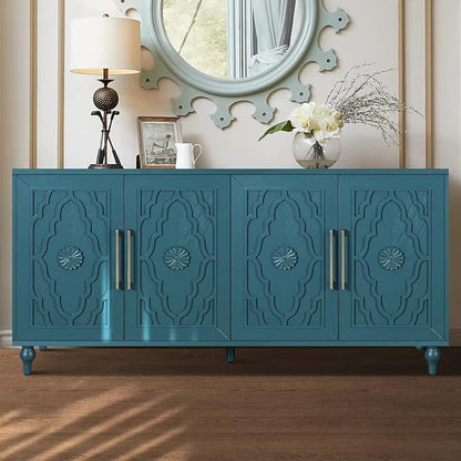 Sideboard Buffet Credenza for Living Room, 63" Blue Entryway Table with Storage Accent Cabinet, Carved Flowers Doors & Wire Holes
