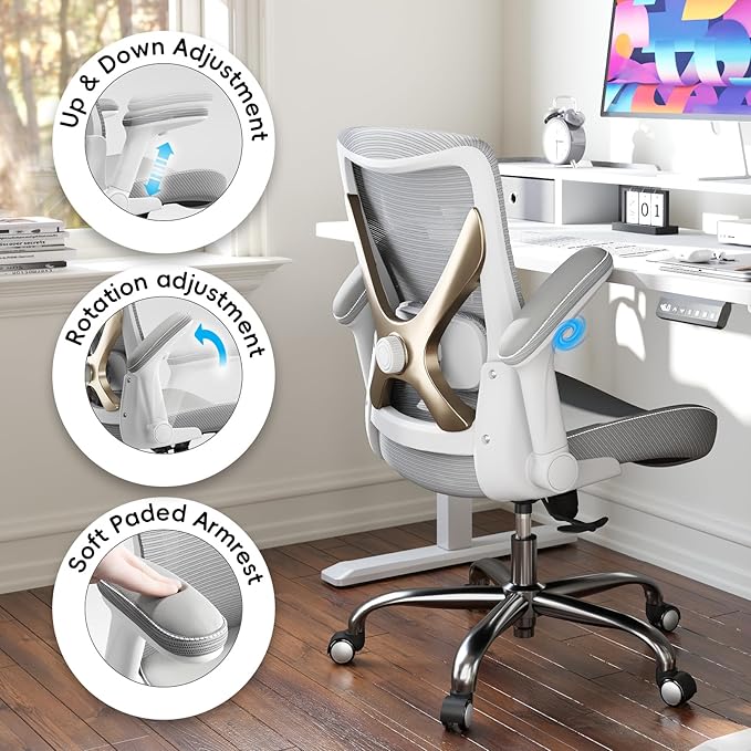 Office Home Ergonomic Desk Chair-Computer X-Shaped Chair Mesh PU Leather with Adjustable Lumbar Support-Executive Chair High Back Flip-Up Arms for Long Hours (Grey-No Headrest)